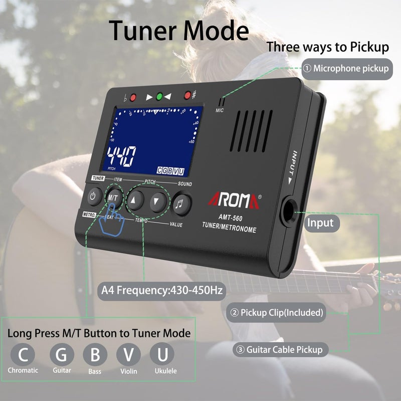 Moreup Digital Metronome Tuner Tone Generator, 3 in 1 Musical Tool with Contact Clip-on Microphone for Guitar Bass Violin Ukulele Chromatic Clarinet Flute Trumpet - Image 3